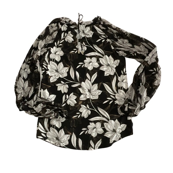 White House Black Market Floral Blouse XXS Long Sleeve Ruffle Neck‎ Top - Picture 2 of 4